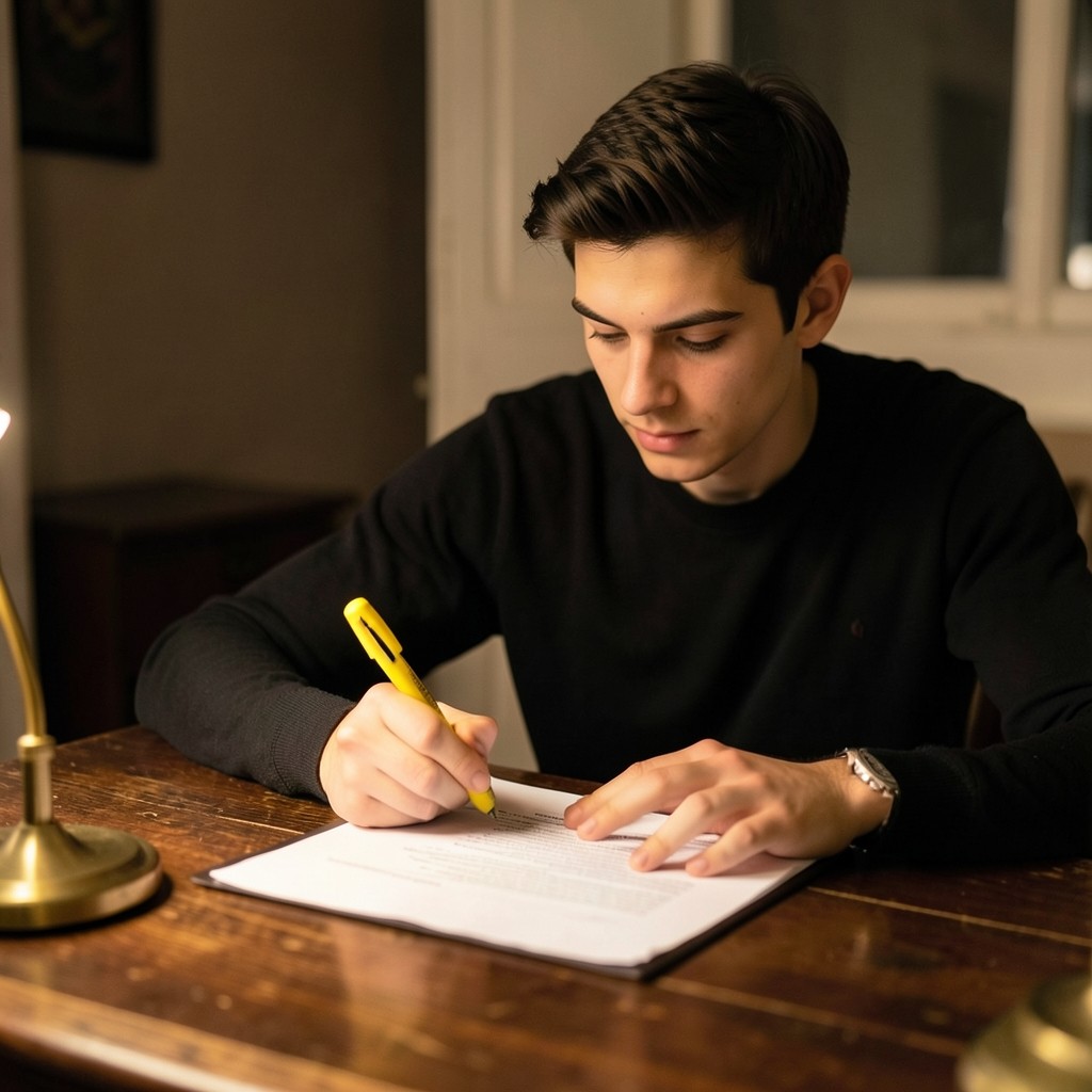 Jeune salarié relisant un contrat CDD avec un surligneur sur un bureau en bois