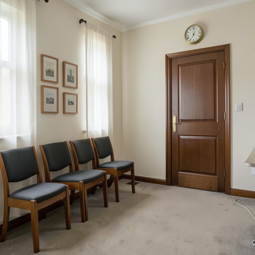 Salle d'attente sobre avec chaises alignées et porte de bureau fermée en arrière-plan