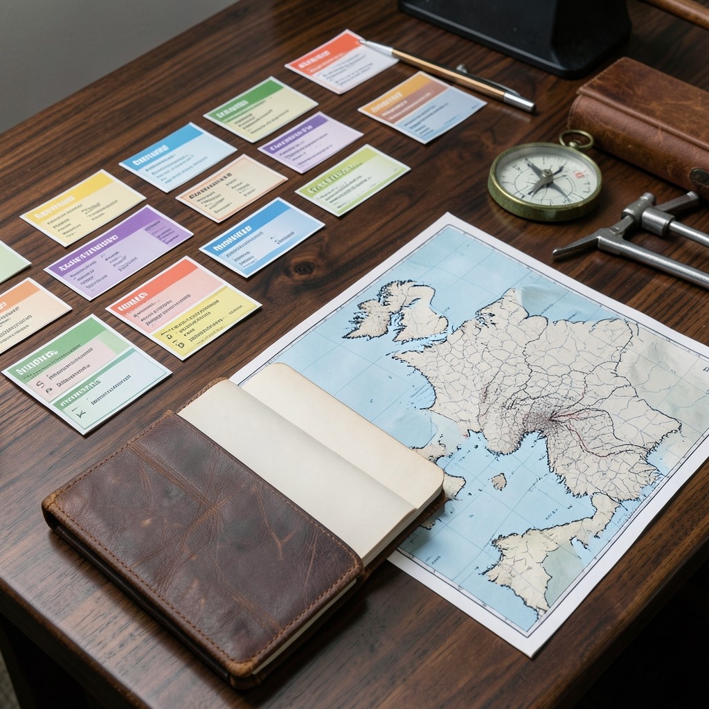 Table de travail avec fiches métiers, carnet de notes et carte de la Normandie